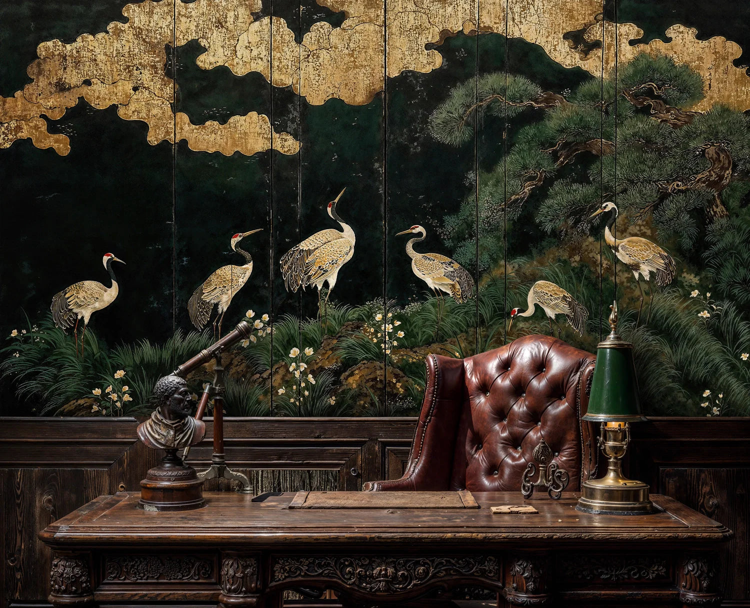 Japanese Cranes under Gilded Clouds Wall Mural