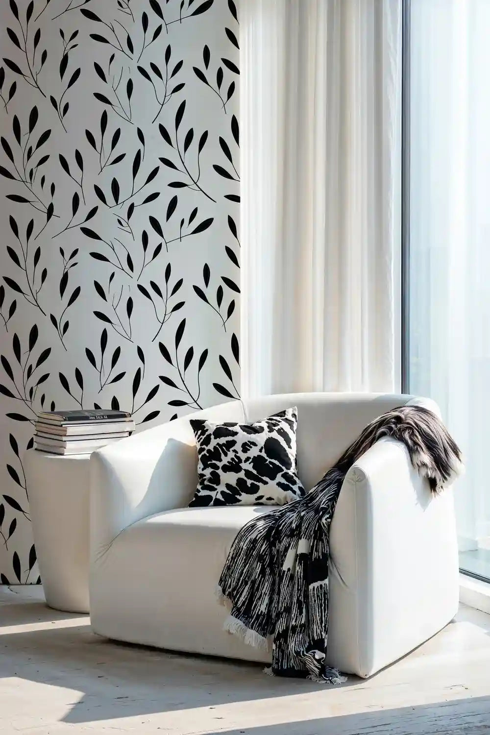 Minimalist Botanical Wallpaper in Black and White