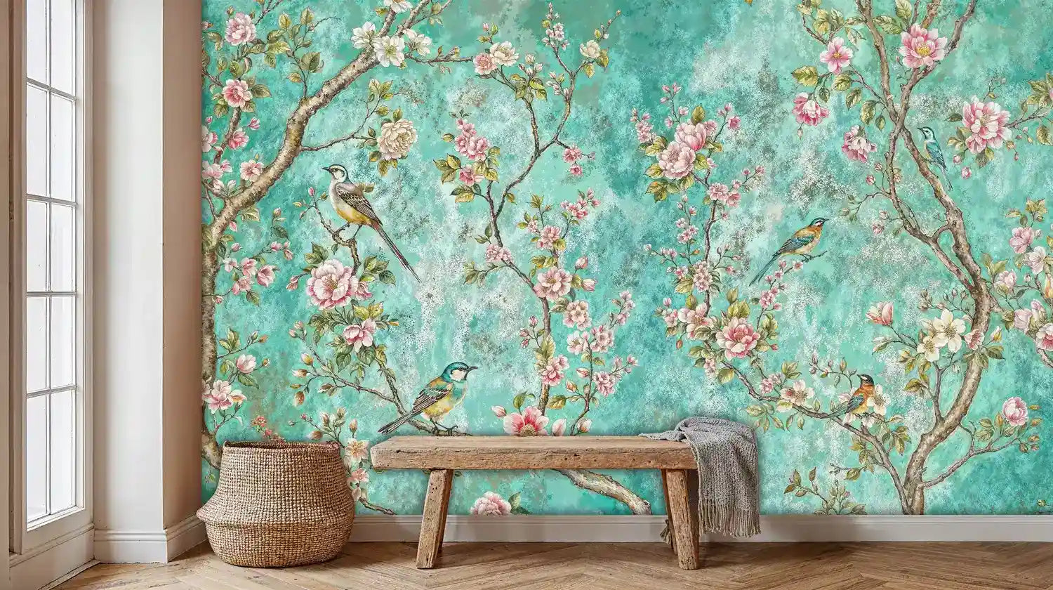 Chinoiserie Birds in Blooming Garden Wall Mural