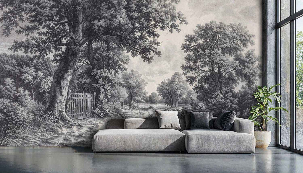 Vintage Countryside Wall Mural in Black and White