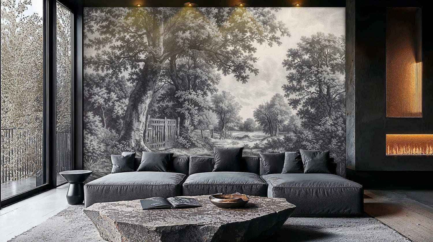 Vintage Countryside Wall Mural in Black and White