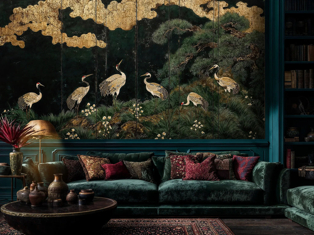 Japanese Cranes under Gilded Clouds Wall Mural