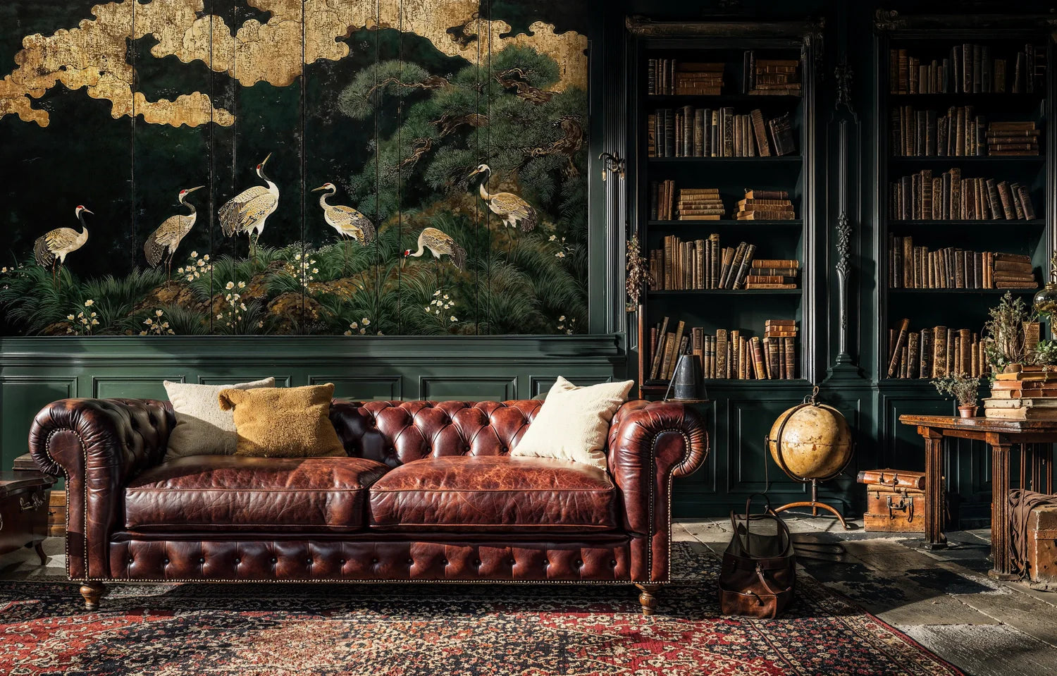 Japanese Cranes under Gilded Clouds Wall Mural
