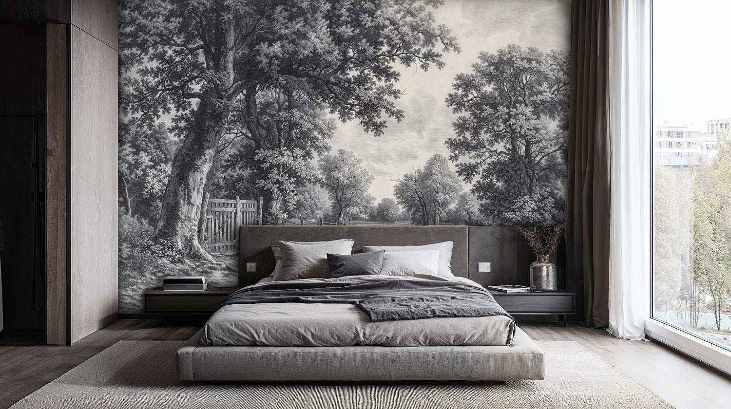 Vintage Countryside Wall Mural in Black and White